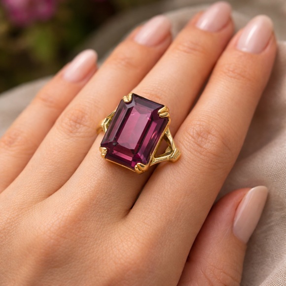 Avon Jewelry - 1975 Vintage Avon Large Emerald Cut Smokey Purple Statement Ring Sz 7 Gold Tone